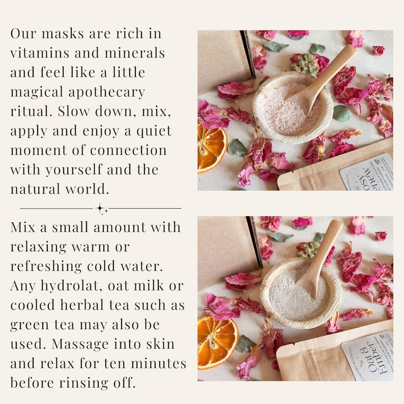 K&ouml;nnte beinhalten: Zwei kleine Schalen mit hellem Gesichtsmaskenpulver, jeweils mit einem Holzspatel, umgeben von getrockneten rosa Rosenbl&auml;ttern und Orangenscheiben. Der Text auf der linken Seite enth&auml;lt Anweisungen zum Mischen und Auftragen der Masken.