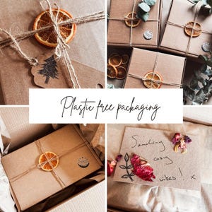 May include: A collage of brown paper packages tied with twine and decorated with dried orange slices. Some packages have a small tag with a tree design. The text "Plastic free packaging" is displayed in the center.