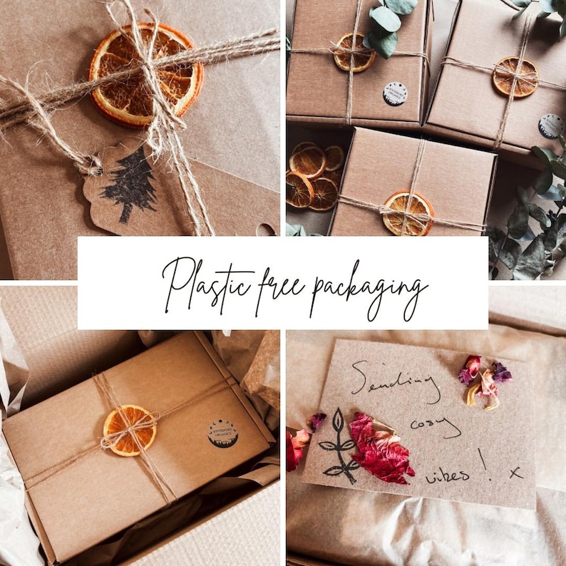 May include: A collage of brown paper packages tied with twine and decorated with dried orange slices. Some packages have a small tag with a tree design. The text "Plastic free packaging" is displayed in the center.