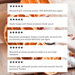 May include: Image of customer reviews with five-star ratings. The reviews mention the product's quality, packaging, and that it makes a lovely gift. The text also states the product was delivered quickly and looks like the pictures.