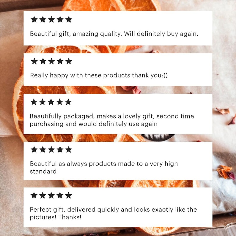 May include: Image of customer reviews with five-star ratings. The reviews mention the product's quality, packaging, and that it makes a lovely gift. The text also states the product was delivered quickly and looks like the pictures.
