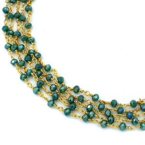 Green Emerold Coated Beaded Chain, Gold Plated Wire, 3MM Rosary Chain, Rondelle Faceted Rosary Beaded Chain, jewelry Making Chain, Bulk Roll