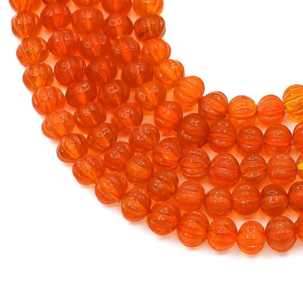 13 « Strand, Carnelian Color Hydro Carved Rondelle Shape Beads, 7 MM, Hydro Melon Shape Gemstone Beads, Handmade Pumpkin Beads, Craft Beads