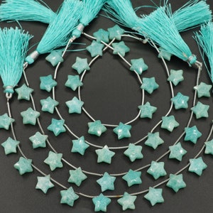 Puede incluir: Hebras de cuentas turquesas en forma de estrella con borlas turquesas a juego. Las cuentas están ensartadas en un alambre plateado. Las borlas están hechas de un material suave y sedoso.