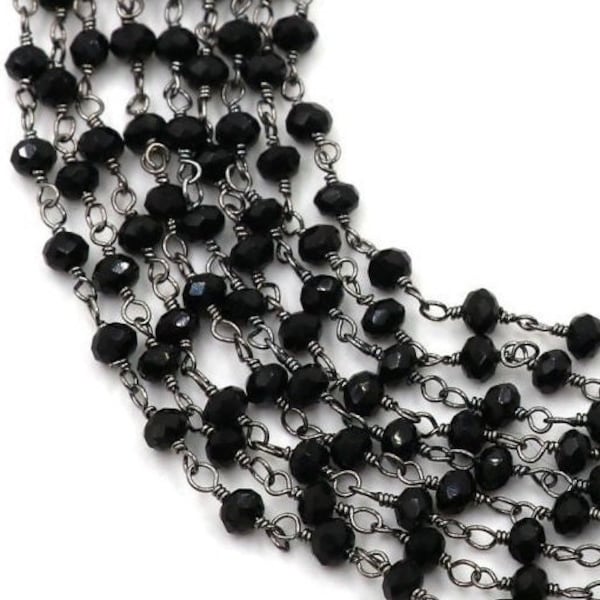 Black Tourmaline 3 mm Beaded Rosary Chain, Faceted Rondelle Beads Chain, Gun Metal Plated Wire Wrap Chain, Finding Chain, Craft Supplies