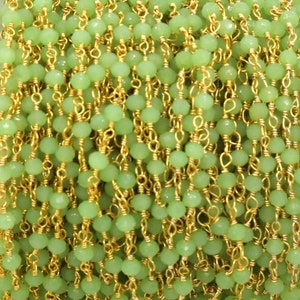 Green Prehnite Rosary Chain: Gold Plated, Faceted Rondelle Beads