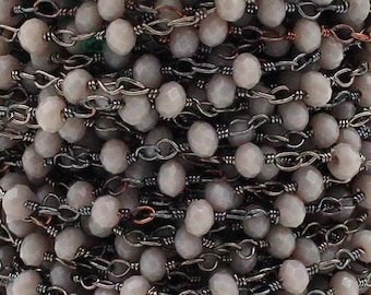 Gray Moonstone Hydro Rosary Chain: 3mm Faceted Rondelle, Gunmetal Plated