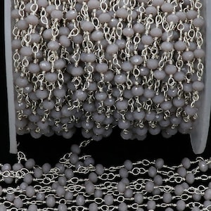 Gray Chalcedony Hydro 3.5 MM Beaded Chain, Faceted Rondelle Beads Chain, Rosary Chain, Silver Plated Chain, Jewelry Making Finding Chain