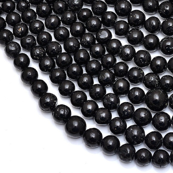 Black Tourmaline Round Beads: Smooth Polished Gemstone, 6-8mm, Inch Strand