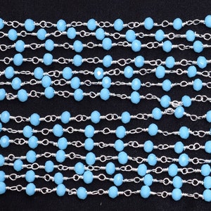 Turquoise Beaded Rosary Chain, Sky Blue Hydro Rondelle Faceted Beads, Silver Wire Wrapped Chain, 3mm, Bulk Roll