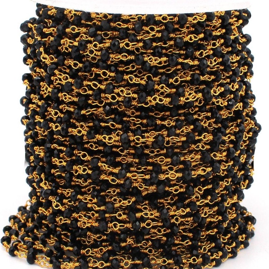 Black Tourmaline Rosary Chain: Gold Plated Faceted Rondelle Beads (3MM)