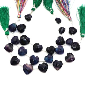 Blue Fluorite Carved Heart Beads: Handmade Faceted Briolette Gemstone, 11-15mm