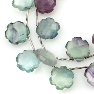 Natural Multi Fluorite, Flower Shaped Beads, Briolette Faceted Beads, 9-11 MM, Carved Faceted Beads, Fluorite Gemstone, Jewelry Making Beads