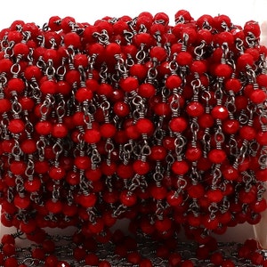 Red Coral Hydro Rosary Chain: 3mm Faceted Rondelle Beads, Gunmetal Plated