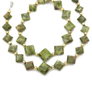 Natural Unakite Flat Square Step Cut Faceted Gemstone Beads, Flat Bicone Drilled Beads