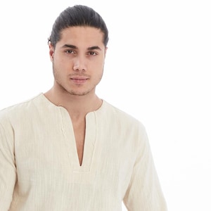 Camicia da uomo in lino oversize dal taglio rilassato – scollo a V, stile boho, misto cotone leggero (in confezione regalo)