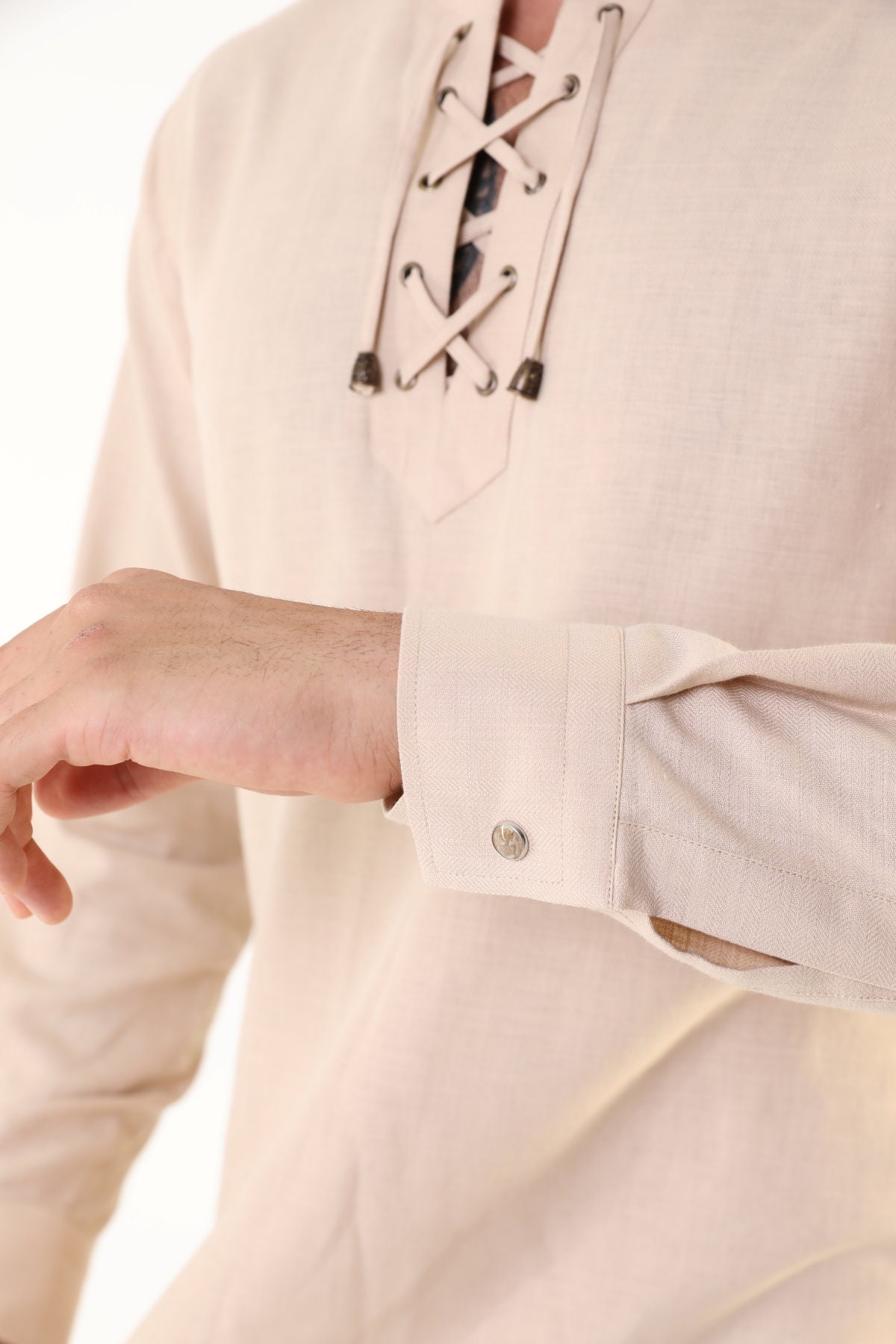 Men's Shirt Linen Effect Mandarin Collar Tie Rope Long