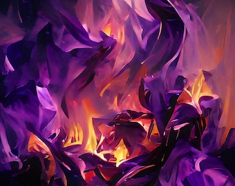 May include: Abstract painting with swirling purple and orange hues. The colors blend together to create a dynamic and energetic composition.