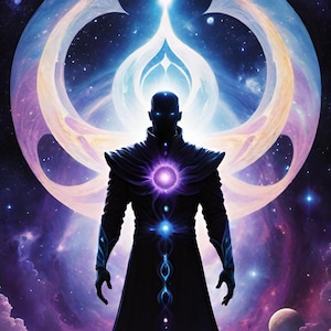 May include: A silhouette of a figure in a dark robe standing in front of a swirling galaxy with a bright light emanating from the center. The figure has a glowing purple circle in the center of their chest and a series of glowing blue circles down their torso.