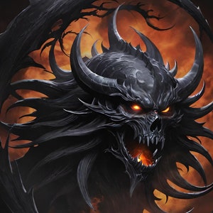 Könnte beinhalten: Eine digitale Kunst-Illustration einer dämonischen Kreatur mit leuchtenden Augen und scharfen Zähnen. Die Kreatur ist von einem schwarzen, wirbelnden, stacheligen Heiligenschein umgeben.