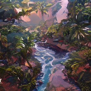 Könnte beinhalten: Ein Gemälde eines üppigen, tropischen Dschungels mit einem sich schlängelnden Fluss, der durch ihn fließt. Der Fluss ist hellblau und der Dschungel ist leuchtend grün. Das Gemälde ist in einem malerischen Stil mit sichtbaren Pinselstrichen ausgeführt.