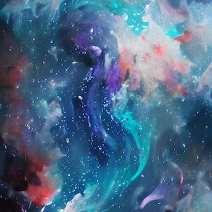 Puede incluir: Pintura abstracta con colores azules, morados y rosados ​​que se arremolinan, que se asemeja a una nebulosa o galaxia con estrellas blancas brillantes.