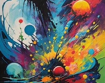 Puede incluir: Pintura abstracta con una explosión colorida de salpicaduras y goteos de pintura. El fondo es negro con un remolino azul y rojo. Hay varios círculos amarillos, rojos y azules en toda la pintura.
