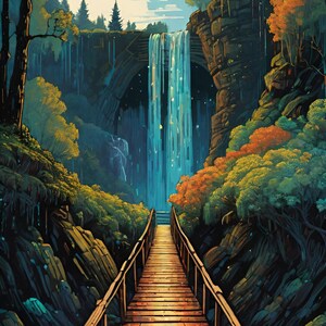 May include: A wooden bridge leads to a waterfall cascading down a rocky cliff. Lush green trees and foliage surround the bridge and waterfall, creating a serene and magical atmosphere.