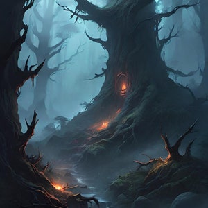 May include: A dark, misty forest scene with a large, gnarled tree in the center. The tree has a glowing orange light emanating from a hollow in its trunk. A small stream flows through the forest, and there are several other trees in the background.