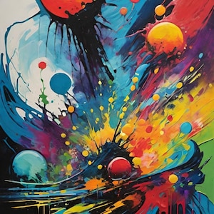 May include: Abstract painting with a colorful explosion of paint splatters and drips. The background is black with a blue and red swirl. There are several yellow, red, and blue circles throughout the painting.
