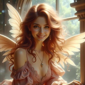 May include: A woman with long, curly red hair wearing a pink dress with a lace bodice and a delicate gold necklace. She has large, expressive eyes and a warm smile. She is wearing gold earrings and has large, feathery wings behind her.