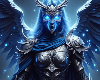 Puede incluir: Ilustración digital de una figura celestial con piel azul, cabello largo azul y ojos azules brillantes. La figura lleva una armadura plateada ornamentada, un casco con cuernos y grandes alas emplumadas. El tema general es la fantasía y la mitología.