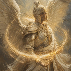 May include: A digital painting of a warrior figure wearing ornate silver and gold armour with a matching helmet. The figure has large, feathered white wings and is surrounded by a glowing, circular golden light effect that arcs across the torso.