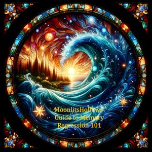 May include: Circular stained glass art depicting a wave crashing over a sunset scene. The artwork features a vibrant color palette of blues, oranges, and yellows. Text reads "MoonlitsHollow Guide to Memory Regression 101".