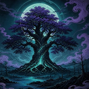 Könnte beinhalten: Digitales Kunstwerk eines großen Baumes mit lila Blättern und einem leuchtenden türkisfarbenen Kern, vor dem Hintergrund eines Vollmonds und wirbelnder lila Wolken. Mystisches Fantasy-Thema.