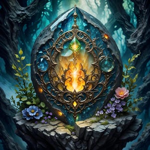 May include: A fantasy-themed image of a glowing, ornate crystal structure. The structure is set against a blurred forest backdrop. The crystal is a mix of blue, gold, and green, with intricate filigree and floral accents. Flowers and foliage frame the base.
