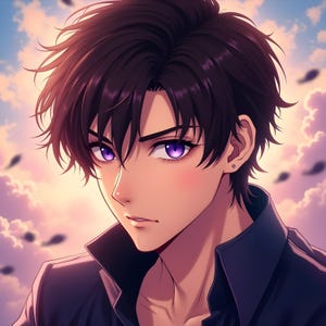 Puede incluir: Retrato de estilo anime de una persona con cabello oscuro y ojos morados vibrantes. La persona lleva una camisa azul oscuro con cuello. El fondo presenta un cielo con nubes y una paleta de colores cálidos.
