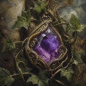 Puede incluir: Una gran piedra preciosa facetada de color púrpura intenso engastada en un marco de metal de tono bronce oscuro que recuerda a enredaderas retorcidas. El colgante está rodeado de hojas de hiedra verdes y texturizadas sobre corteza oscura.