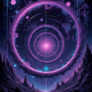 May include: A digital art illustration of a purple and pink ring of light in a dark space with a glowing centre. The ring is surrounded by smaller, glowing orbs and lines of light.