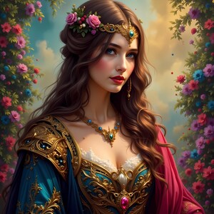 May include: A portrait of a woman with long, wavy brown hair, adorned with a floral crown and gold headpiece. She wears a teal and gold embellished gown with a pink shawl. A gold necklace with blue and green gemstones complements her attire. The background features colorful flowers.