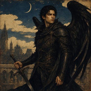 May include: A dark-haired figure with large black wings wearing intricate black armour and a dark cloak. The figure holds a long sword with an ornate hilt. The background features a gothic city skyline under a night sky with a crescent moon.