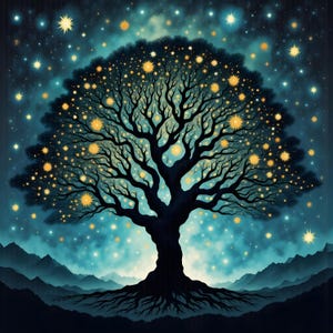 May include: A digital illustration of a silhouetted tree with a full canopy, set against a night sky. The tree's branches and leaves are adorned with glowing yellow stars, and the background features a gradient of blue and teal hues.
