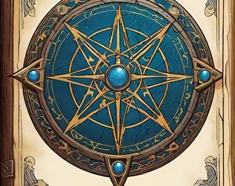 Puede incluir: Una cubierta de libro vintage con un diseño de brújula azul y dorado. La brújula presenta una estrella de seis puntas con gemas azules en cada punto. La cubierta está decorada con detalles dorados ornamentados.