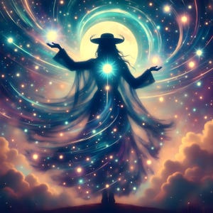 May include: Digital art of a silhouetted figure in a flowing gown and hat, arms outstretched, surrounded by a swirling galaxy of stars and nebulae. A bright light emanates from the figure's chest and hands, with a large moon-like orb in the background.
