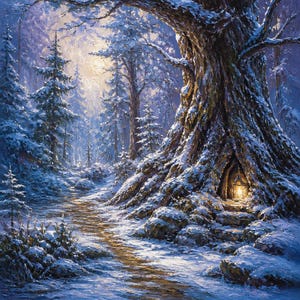 May include: A snowy forest landscape featuring a large, ancient tree with a glowing lantern tucked into a hollow at its base. A winding path covered in snow leads through the woods, illuminated by soft, golden light filtering through the trees.
