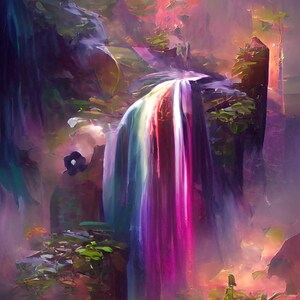 May include: A vibrant, abstract painting depicting a waterfall of colourful streaks cascading down a rocky cliffside. Lush greenery and a misty atmosphere create a sense of mystery and wonder.