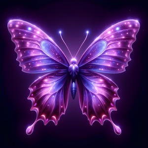 Może przedstawiać: Błyszczący fioletowy motyl z tęczowymi skrzydłami. Motyl znajduje się na ciemnym tle.