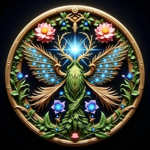 May include: A circular wooden frame encloses a detailed design. The central figure has antler-like features and wings with blue glowing dots. Pink and purple flowers, green leaves, and a bright blue light burst create a nature-inspired artwork.