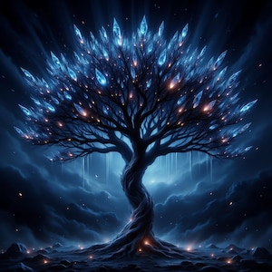 Puede incluir: Imagen de arte digital de un árbol con un tronco y ramas retorcidas. Las hojas son reemplazadas por cristales azules brillantes. El fondo es un cielo azul oscuro con nubes y chispas de luz dispersas.