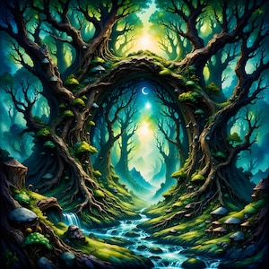 May include: A mystical forest scene with a crescent moon and a stream flowing through the centre. The trees are tall and lush, with a bright light shining through the canopy. The scene is peaceful and serene.